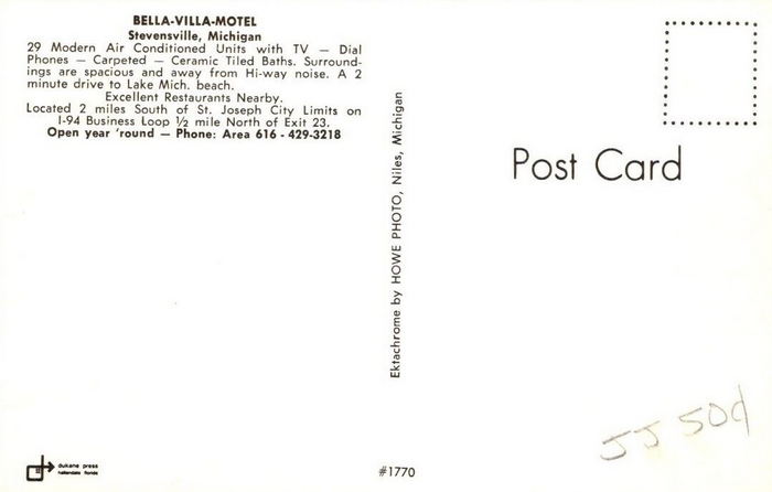 Bella-Villa Motel and Restaurant (Bella Villa Motel, Super 8 by Wyndham, Park Inn) - Vintage Postcard 3